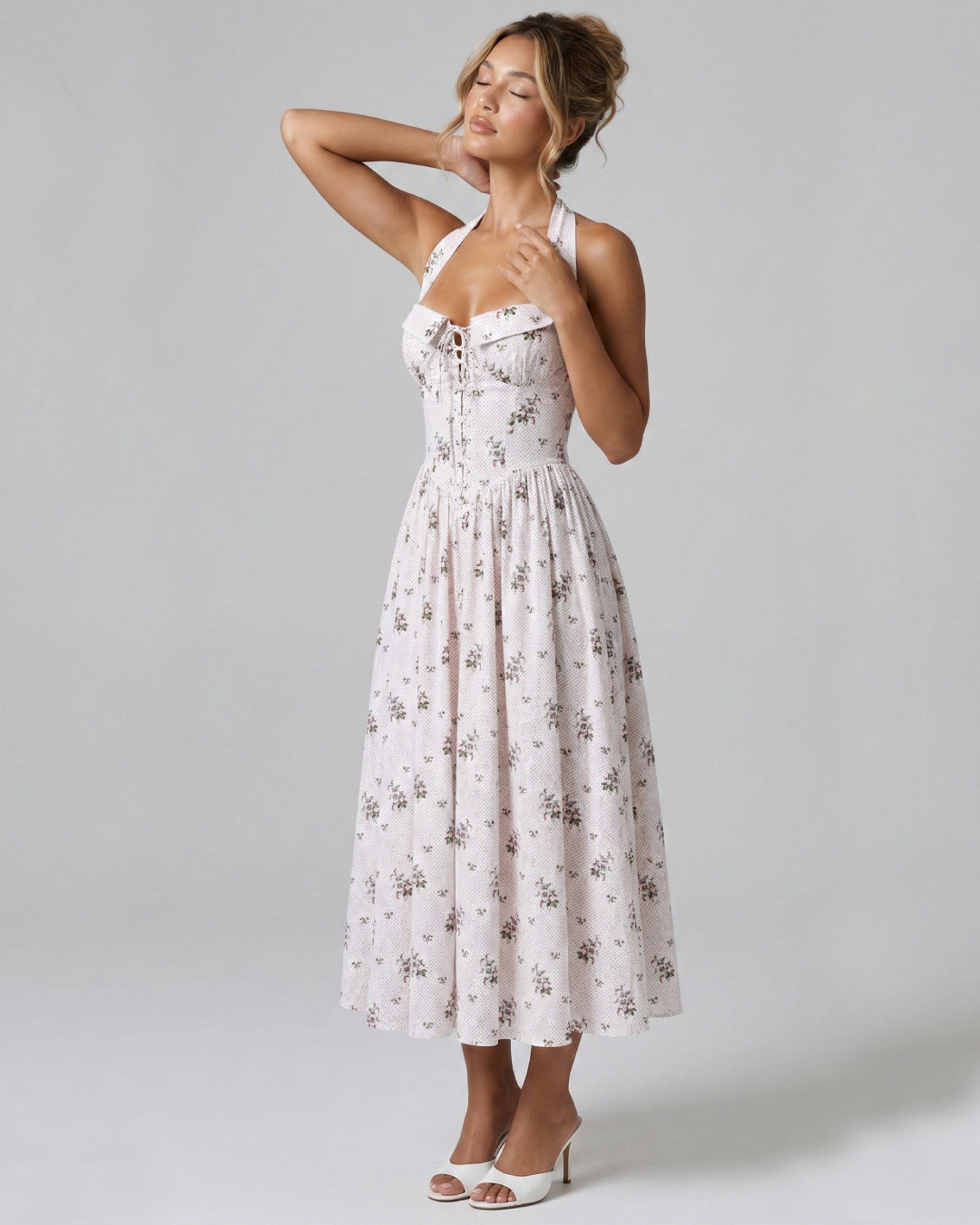 Minerva Women’s Cotton Floral Halter Neck Midi Dress, floral floral dress​, floral midi dress, pink floral dress​