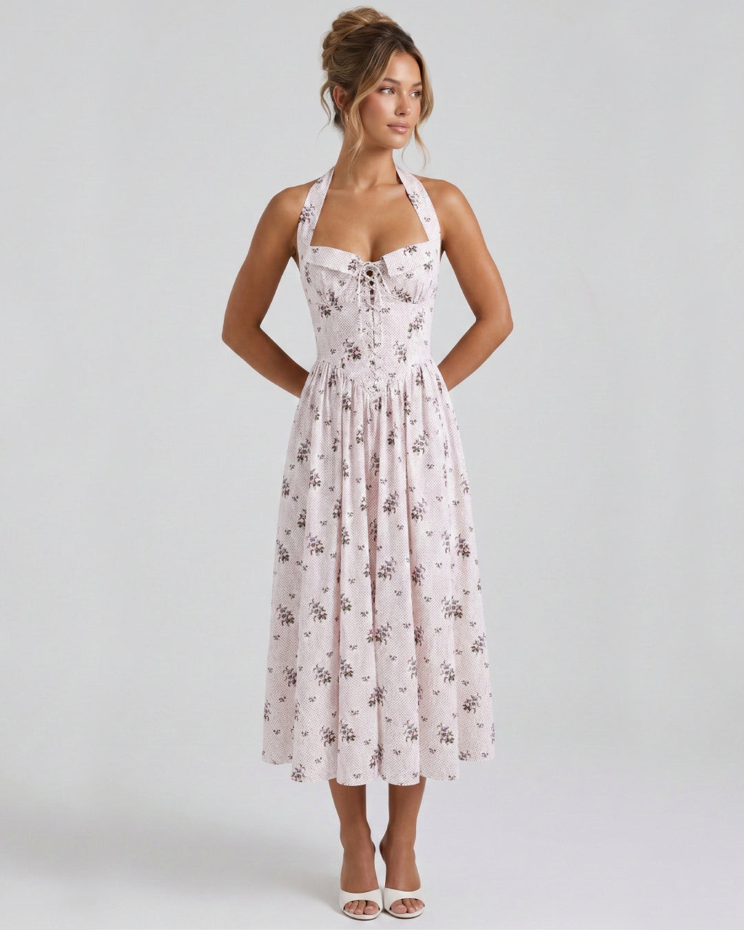 Minerva Women’s Cotton Floral Halter Neck Midi Dress, dress floral women​, floral applique dress, floral print dress​