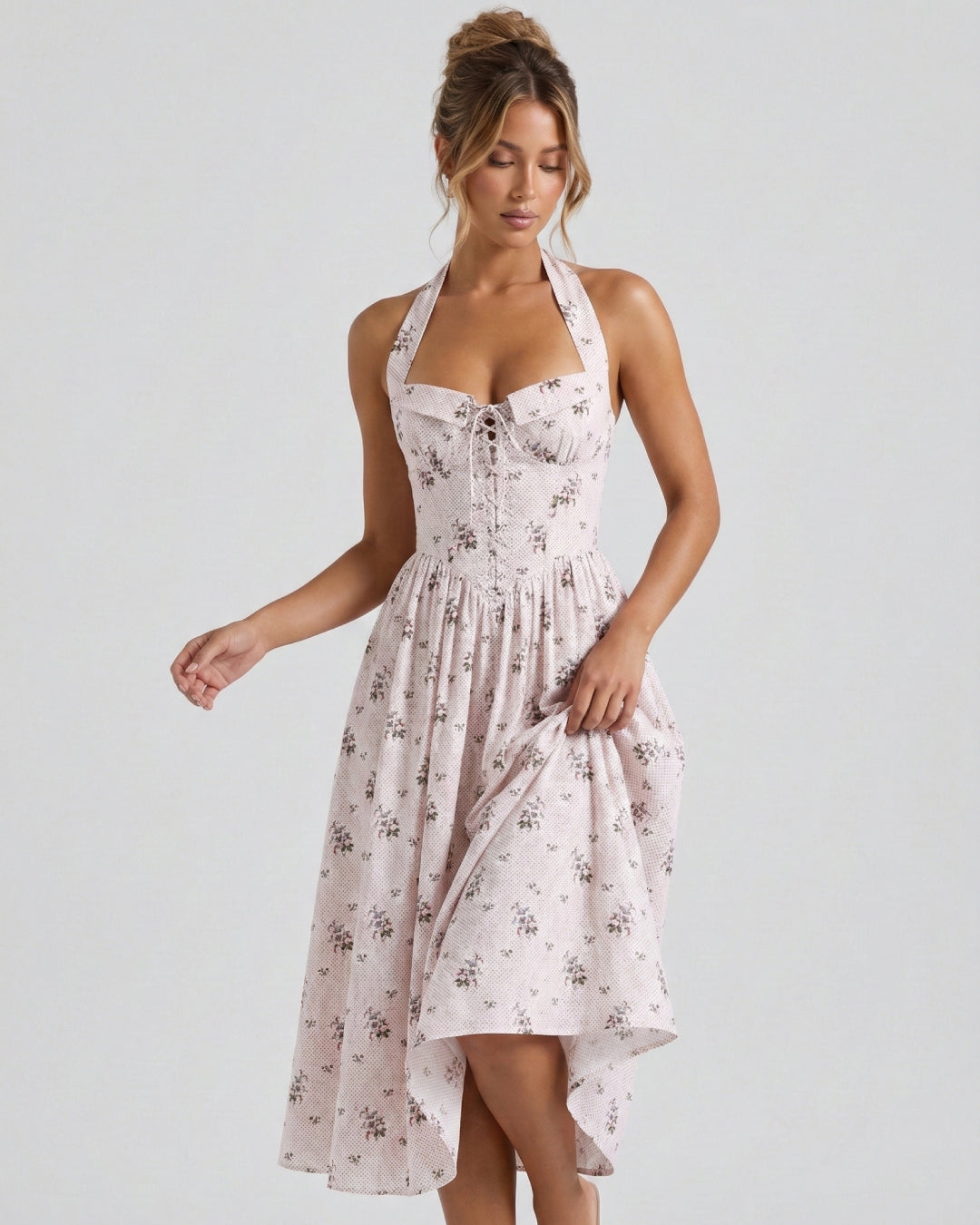 Minerva Women’s Cotton Floral Halter Neck Midi Dress, floral floral dress​, floral midi dress, pink floral dress​