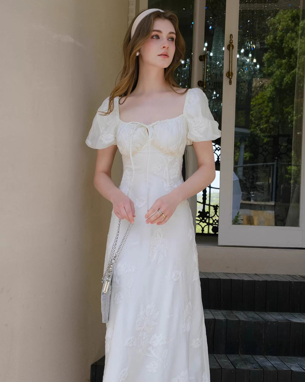 Mira Floral Jacquard Tiered Midi Dress in Ivory, dress for bridal shower, floral bridal shower dress​