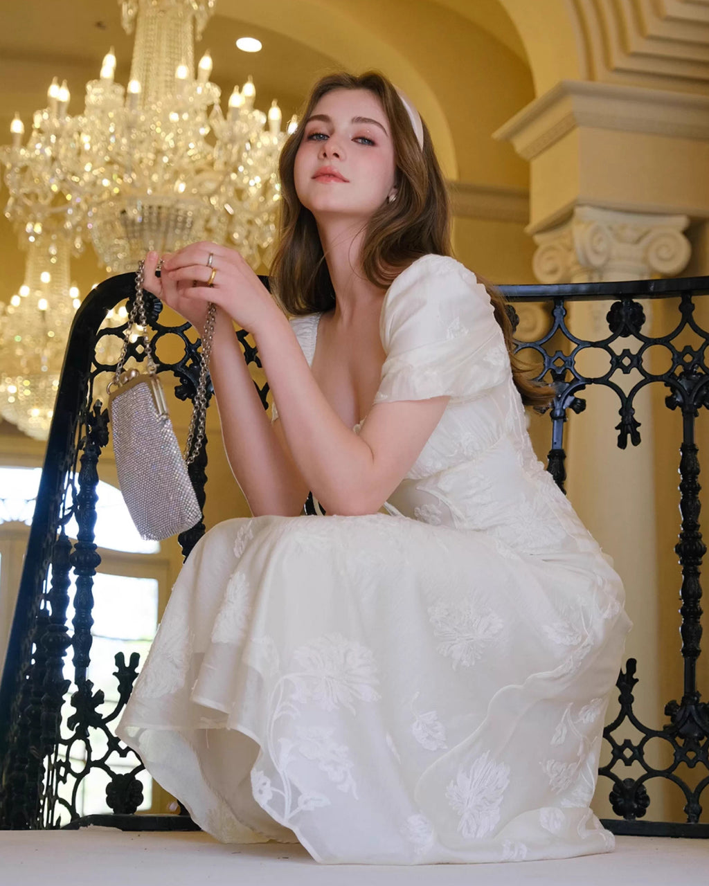 Mira Floral Jacquard Tiered Midi Dress in Ivory, bridal shower dress for bride​, bridal shower guest dress​, bridal shower dress​