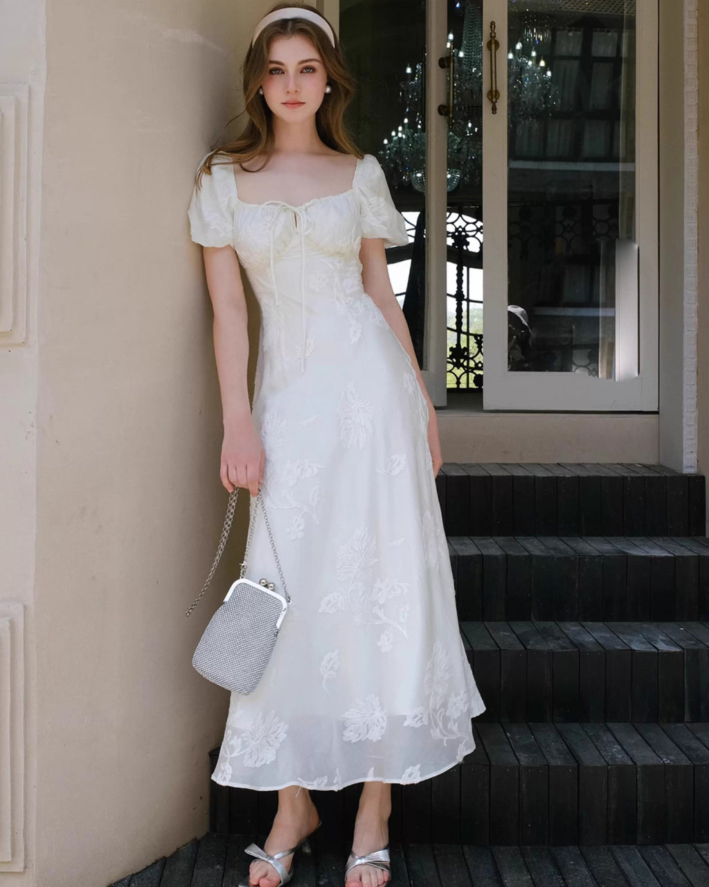 Mira Floral Jacquard Tiered Midi Dress in Ivory, white dress to wear to bridal shower, bridal shower dress canada​