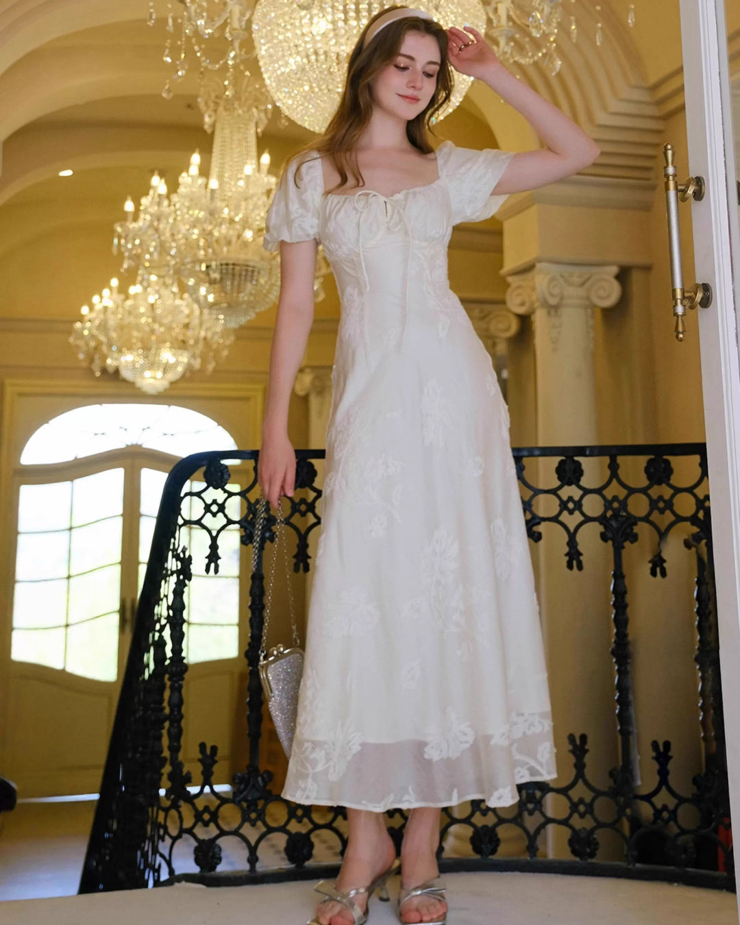 Mira Floral Jacquard Tiered Midi Dress in Ivory, bridal shower dress for bride​, bridal shower guest dress​, bridal shower dress​