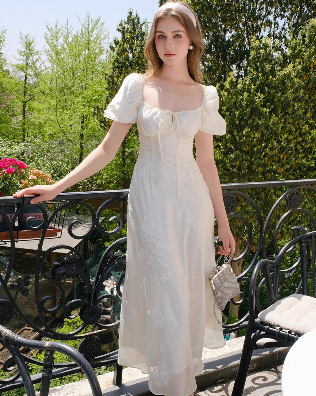 Mira Floral Jacquard Tiered Midi Dress in Ivory, white bridal shower dress​, white dress for bridal shower​