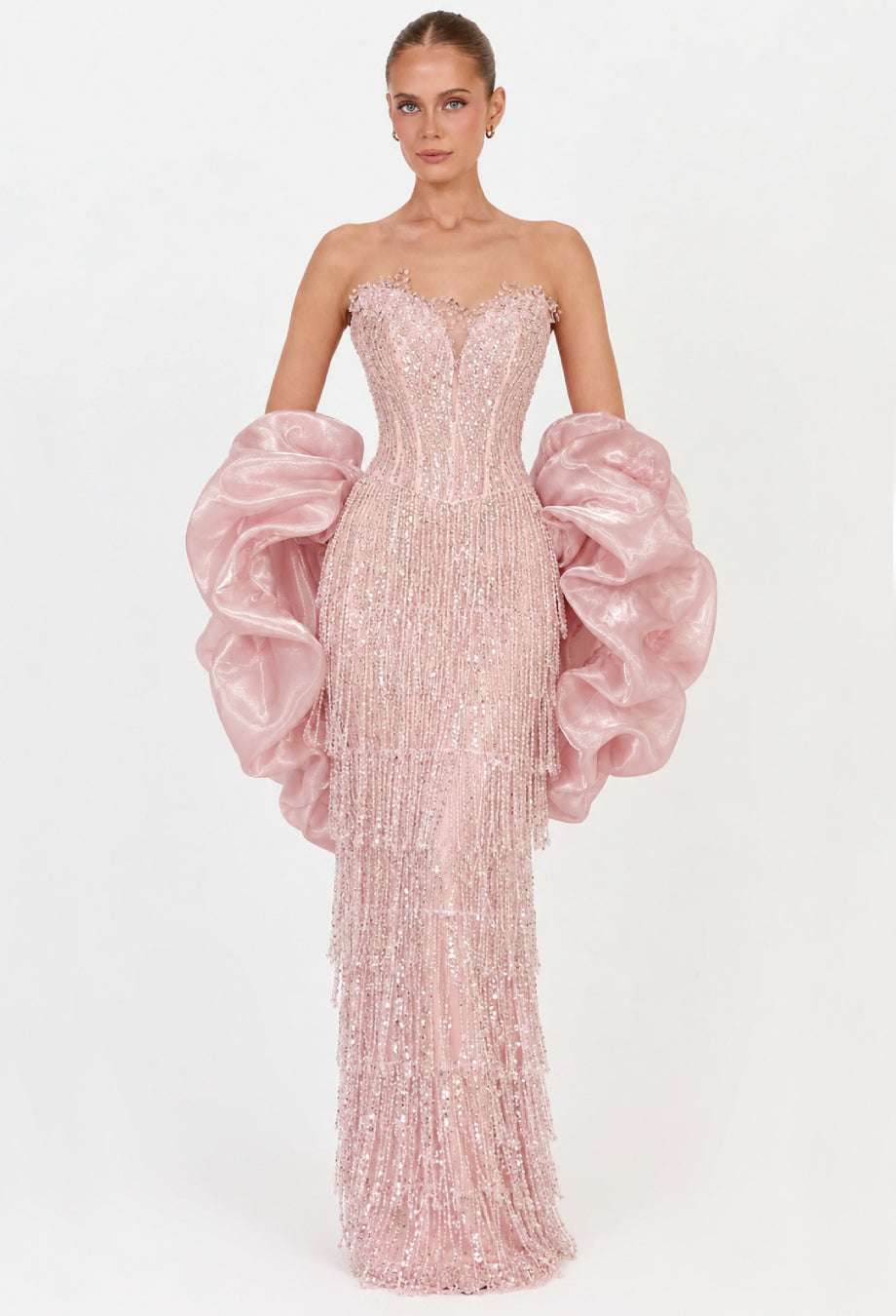 Mirabella Light Pink Crystal-Beaded Sequin Formal Maxi Dress, pink sequin prom dress, sequin pink dress