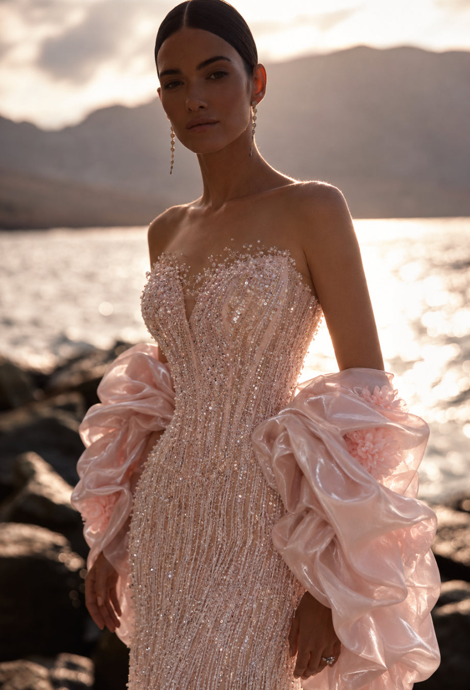 Mirabella Light Pink Crystal-Beaded Sequin Formal Maxi Gown, sequin prom dress​, sparkly sequin prom dress​
