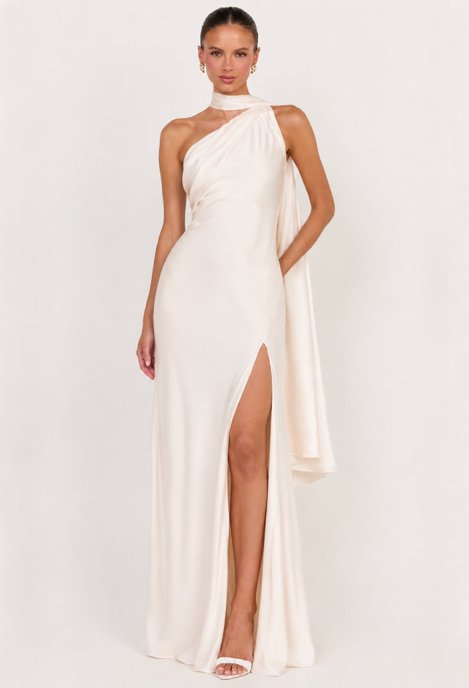 Morven Ivory Satin Rehearsal Dinner Maxi Dress with Scarf, 	
rehearsal dinner dress, rehearsal dinner dress for bride