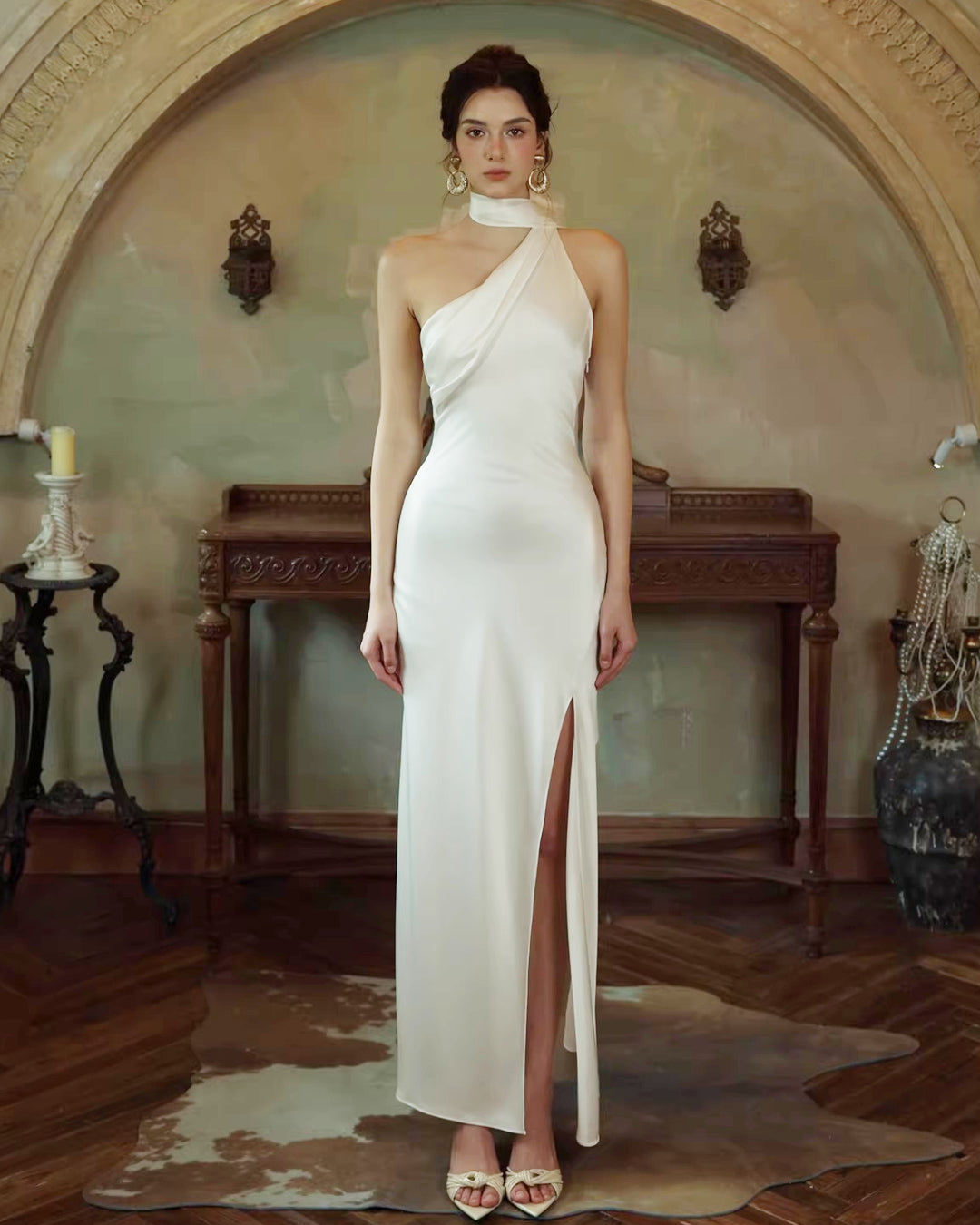 Morven White Maxi Dress, Satin Bridal Gown, satin bridal dress​, white satin bridal dress​, dress with scarf​