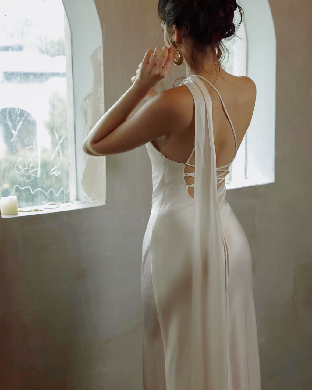 Morven White Maxi Dress, Satin Bridal Gown, white dress with scarf​, strapless dress with neck scarf​, satin cocktail dress​, satin prom dress​