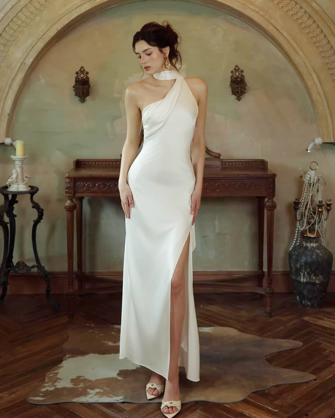 Morven White Maxi Dress, satin maxi dress​, dress with neck scarf