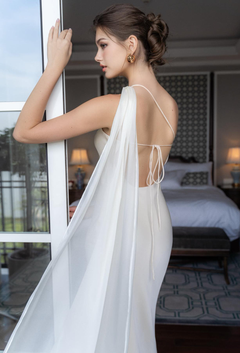 Morven Ivory Satin Rehearsal Dinner Maxi Dress with Scarf, long white satin dress​, white satin dress