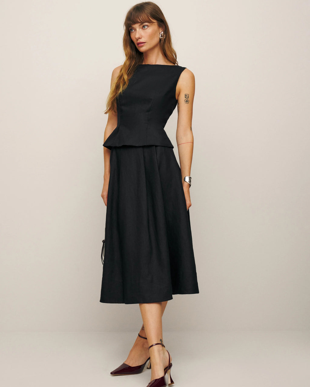 Moya Linen Top and Skirt Two-Piece Set in Black, linen midi dress​, black linen dress​