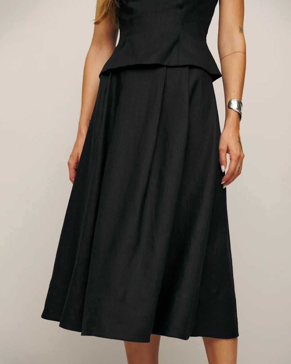 Moya Linen Top and Skirt Two-Piece Set in Black, linen midi dress​, black linen dress​