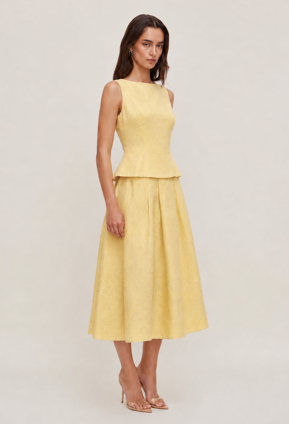 Moya Linen Top and Skirt Two-Piece Set in Light Yellow (Lemon), light yellow dress​