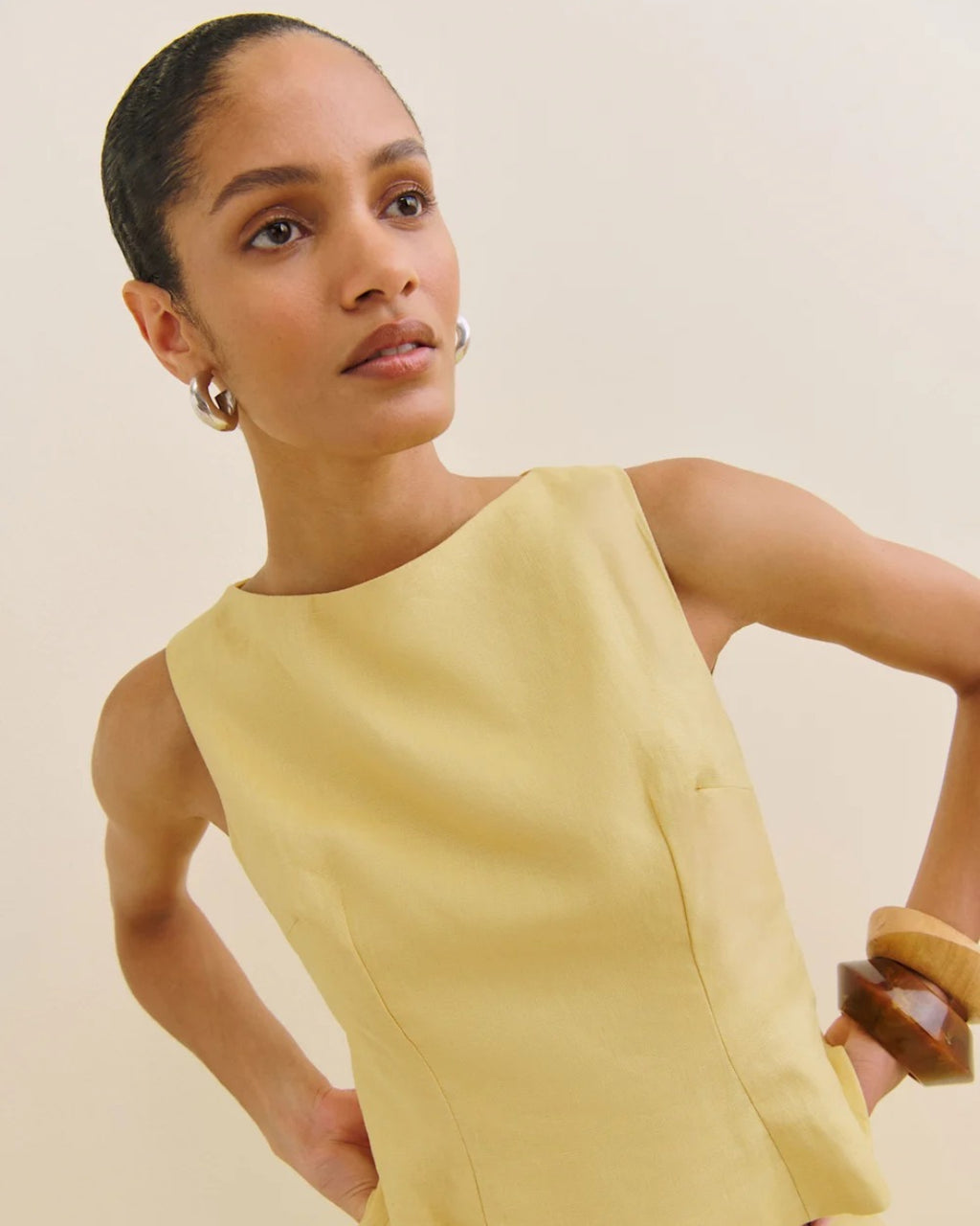 Moya Linen Top and Skirt Two-Piece Set in Light Yellow (Lemon), light yellow dress​
