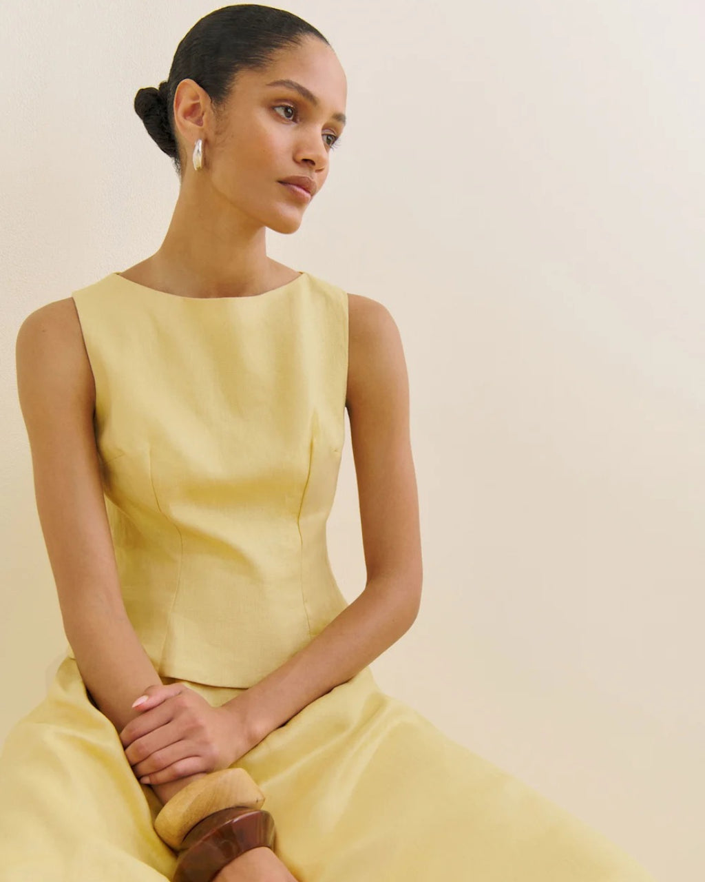 Moya Linen Top and Skirt Two-Piece Set in Light Yellow (Lemon), light yellow dress​