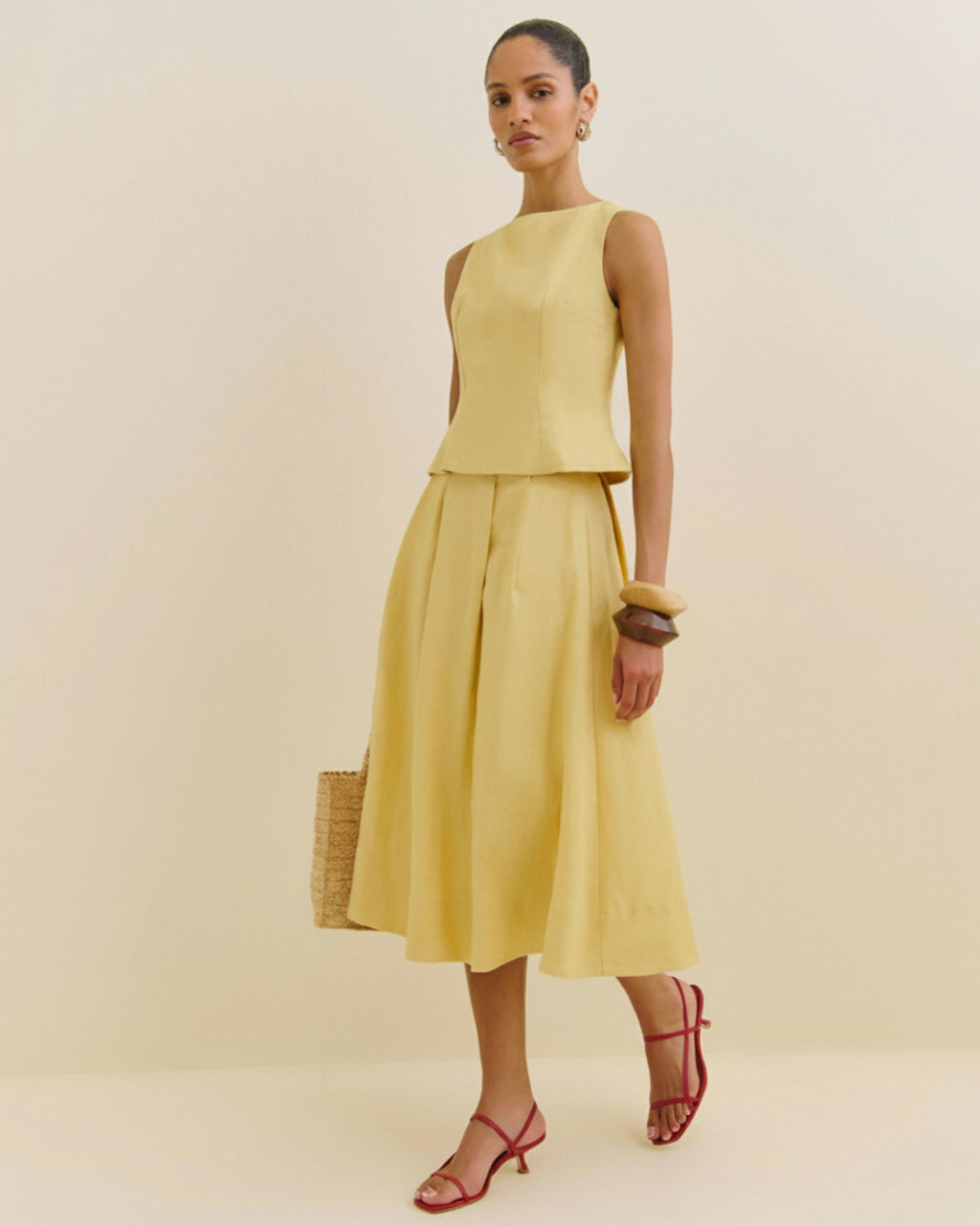 Moya Linen Top and Skirt Two-Piece Set in Light Yellow (Lemon), dress with linen​, linen linen dress