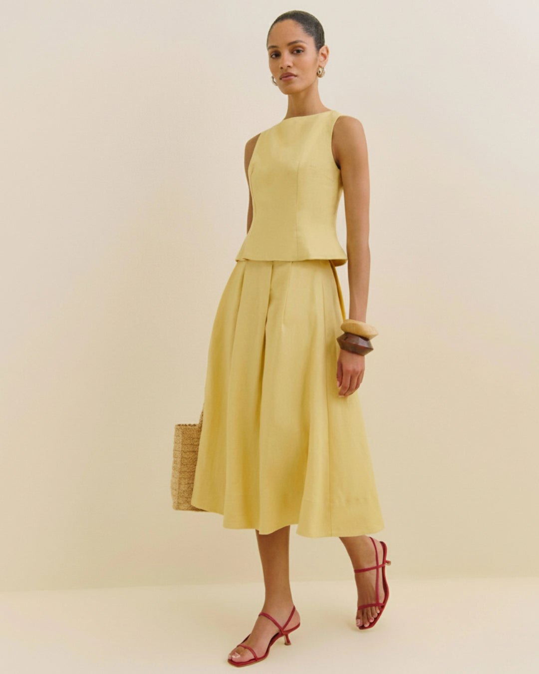 Moya Linen Top and Skirt Two-Piece Set in Light Yellow (Lemon), dress with linen​, linen linen dress