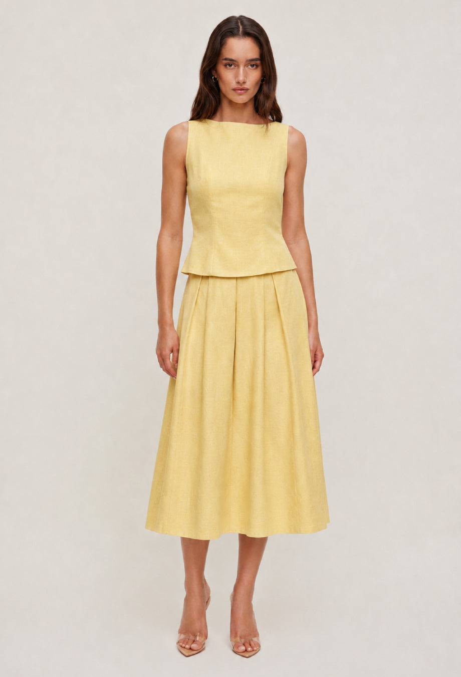 Moya Linen Top and Skirt Two-Piece Set in Light Yellow (Lemon), dress with linen​, linen linen dress