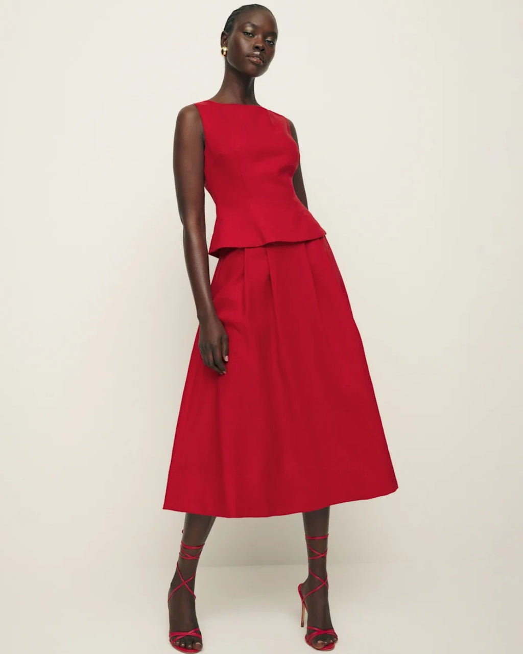 Moya Linen Top and Skirt Two-Piece Set in Red, linen shirt dress