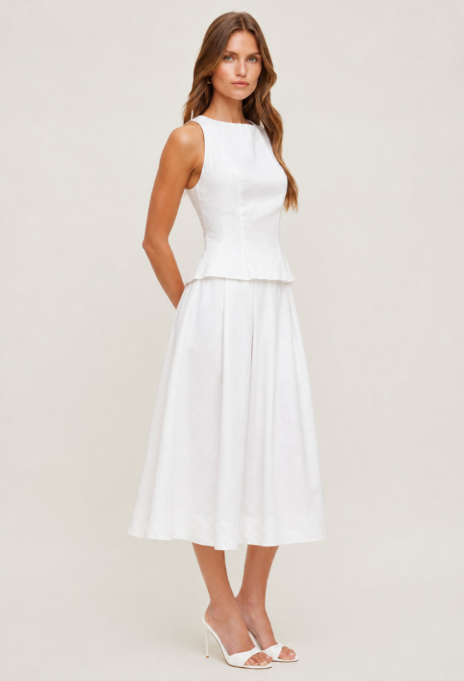 Moya Linen Top and Skirt Two-Piece Set in White, linen clothing​, ladies linen clothing