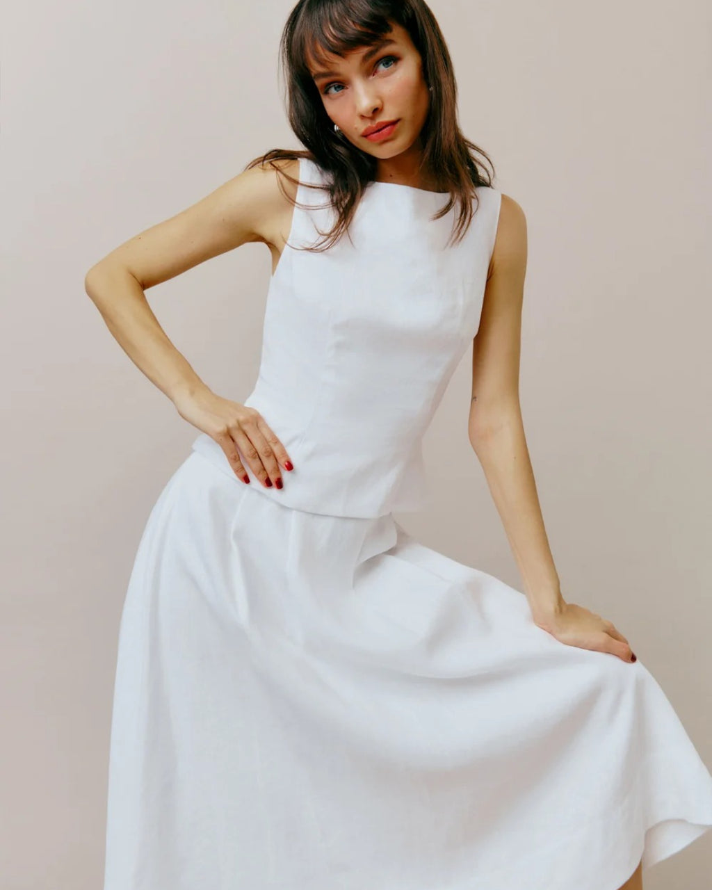 Moya Linen Top and Skirt Two-Piece Set in White, canadian linen clothing, linen dress