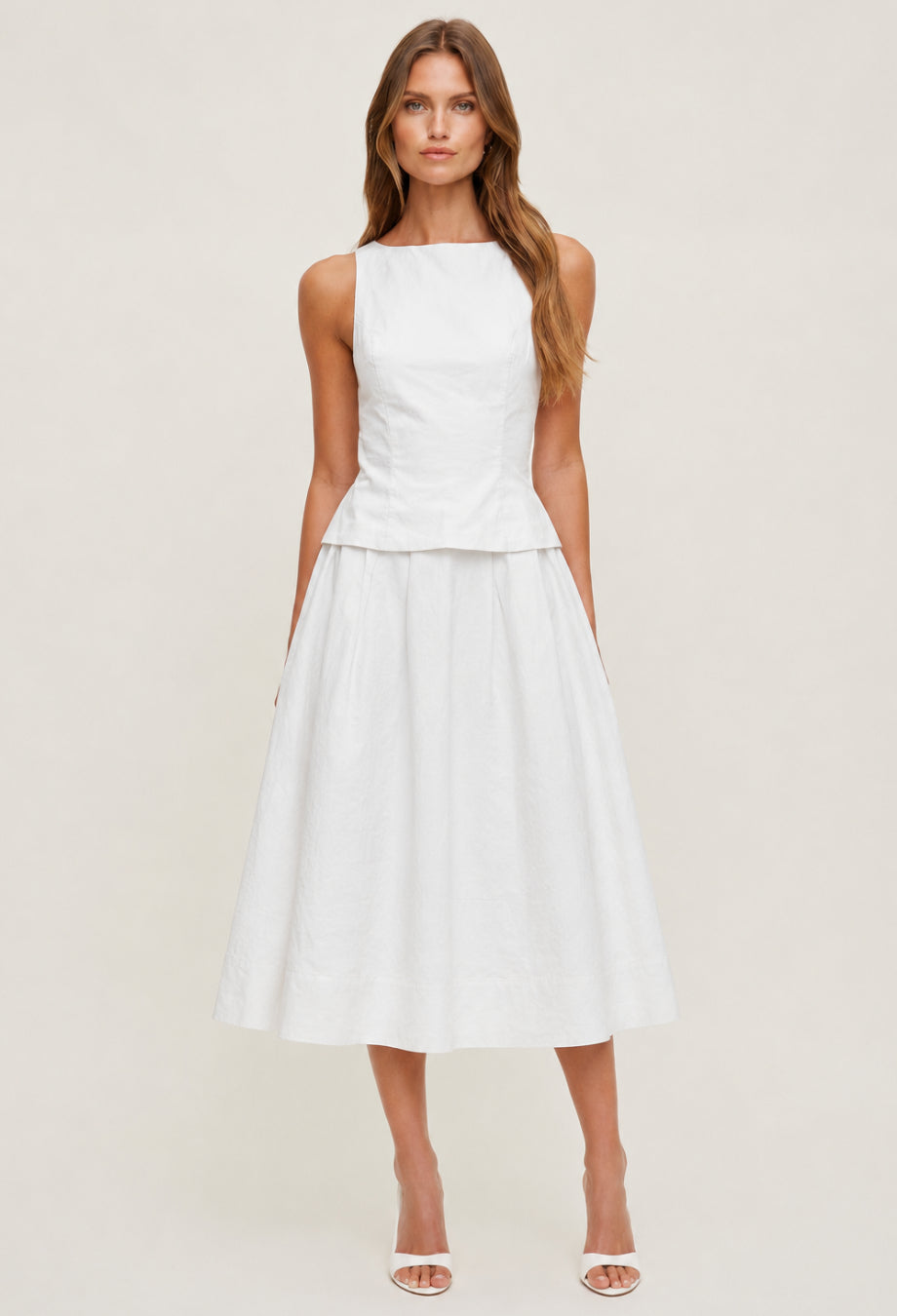 Moya Linen Top and Skirt Two-Piece Set in White, linen clothing​, ladies linen clothing
