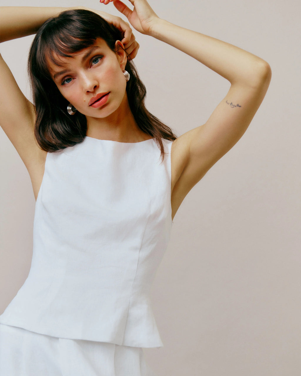 Moya Linen Top and Skirt Two-Piece Set in White, linen clothing women​