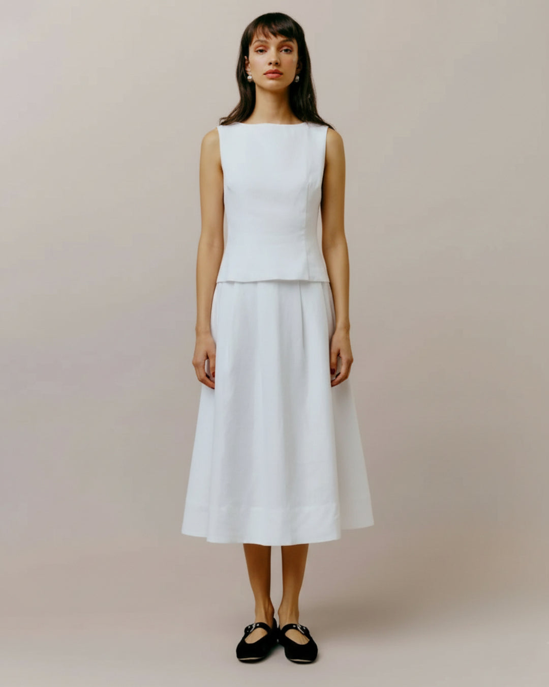 Moya Linen Top and Skirt Two-Piece Set in White, linen clothing​, ladies linen clothing