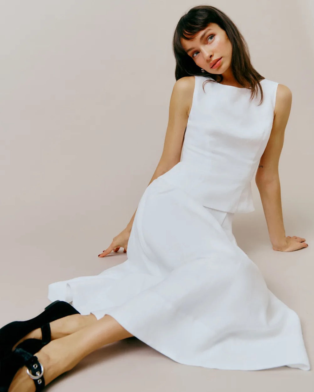 Moya Linen Top and Skirt Two-Piece Set in White, linen clothing women​