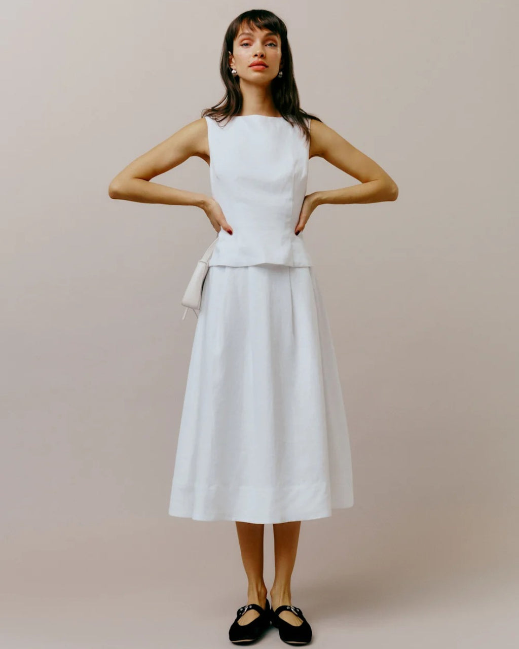 Moya Linen Top and Skirt Two-Piece Set in White, linen clothing​, ladies linen clothing