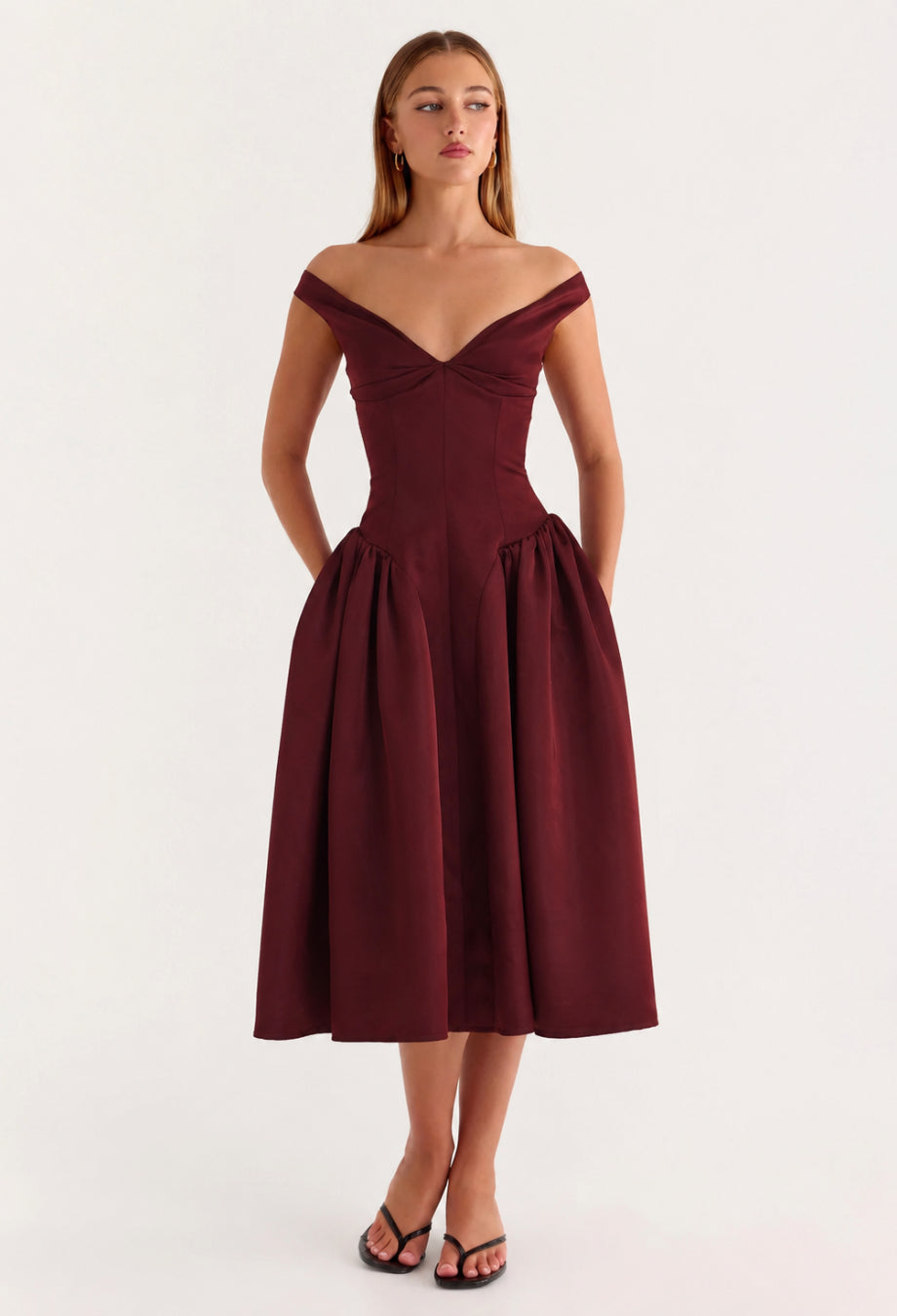 Burgundy Off Shoulder Wedding Guest Dress, Natassia Midi Dress, burgundy wedding dress guest​, dress color burgundy