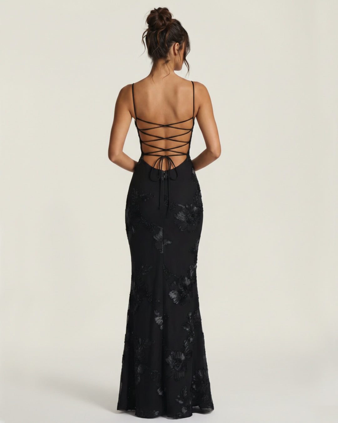 Nefertiti Maxi Dress in Black, 3D Floral Maxi Dress, black lace maxi dress​, black maxi dress canada