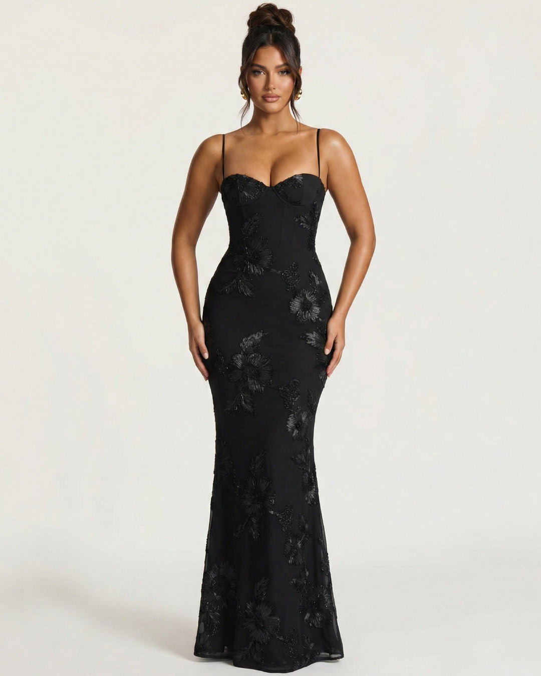 Nefertiti Maxi Dress in Black, 3D Floral Maxi Dress, black tie event dress code women, black dress maxi​