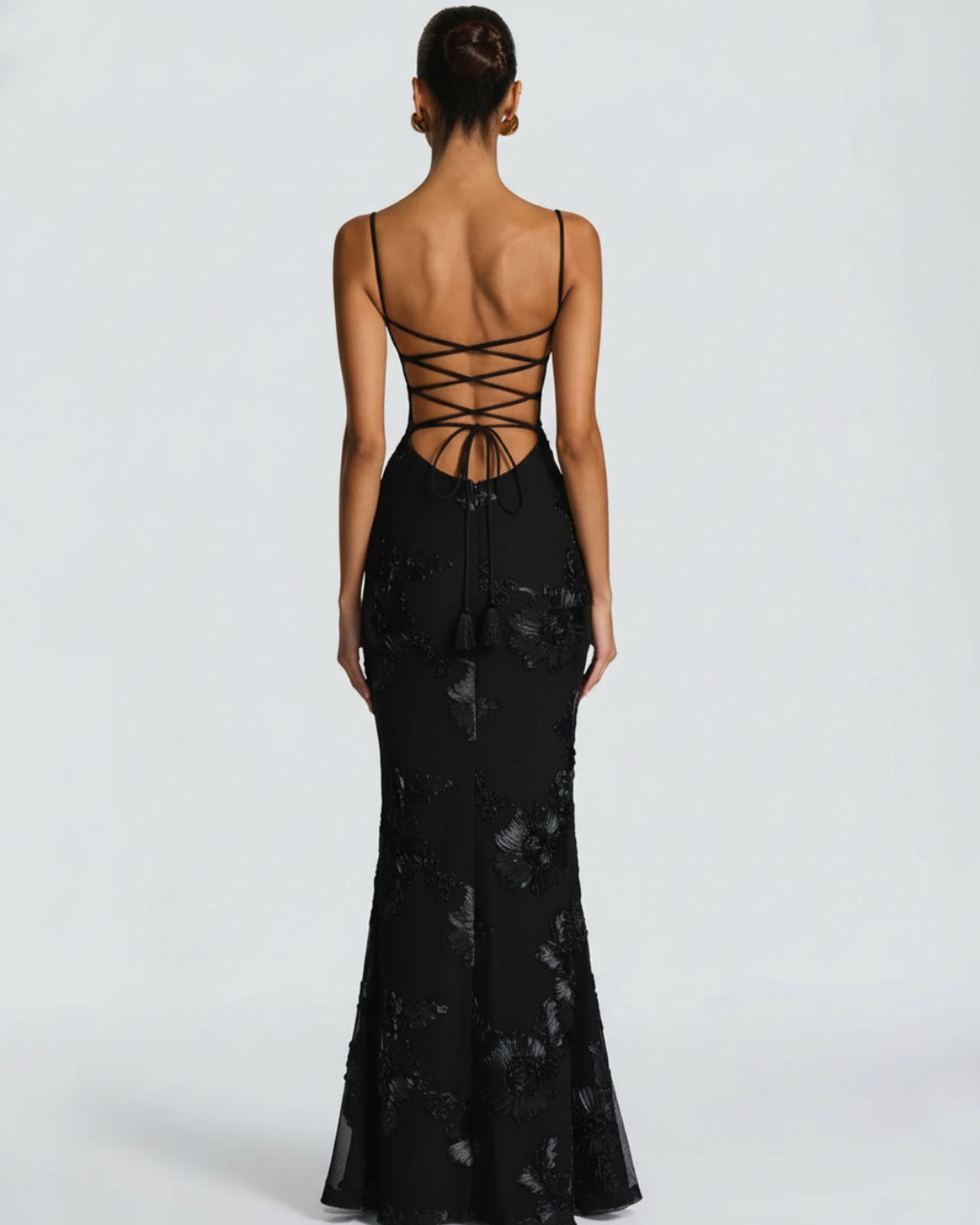 Nefertiti Maxi Dress in Black, 3D Floral Maxi Dress, black lace maxi dress​, black maxi dress canada