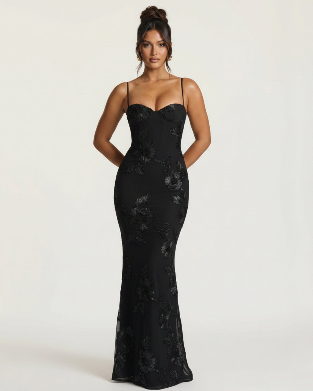 Nefertiti Maxi Dress in Black, 3D Floral Maxi Dress, black tie black dress​, womens black tie dress​