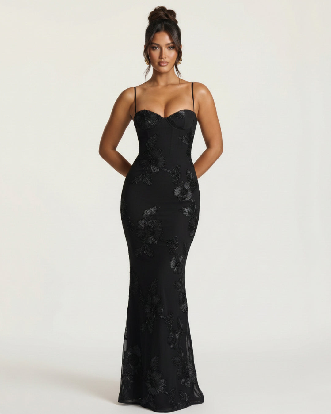 Nefertiti Maxi Dress in Black, 3D Floral Maxi Dress, black tie black dress​, womens black tie dress​
