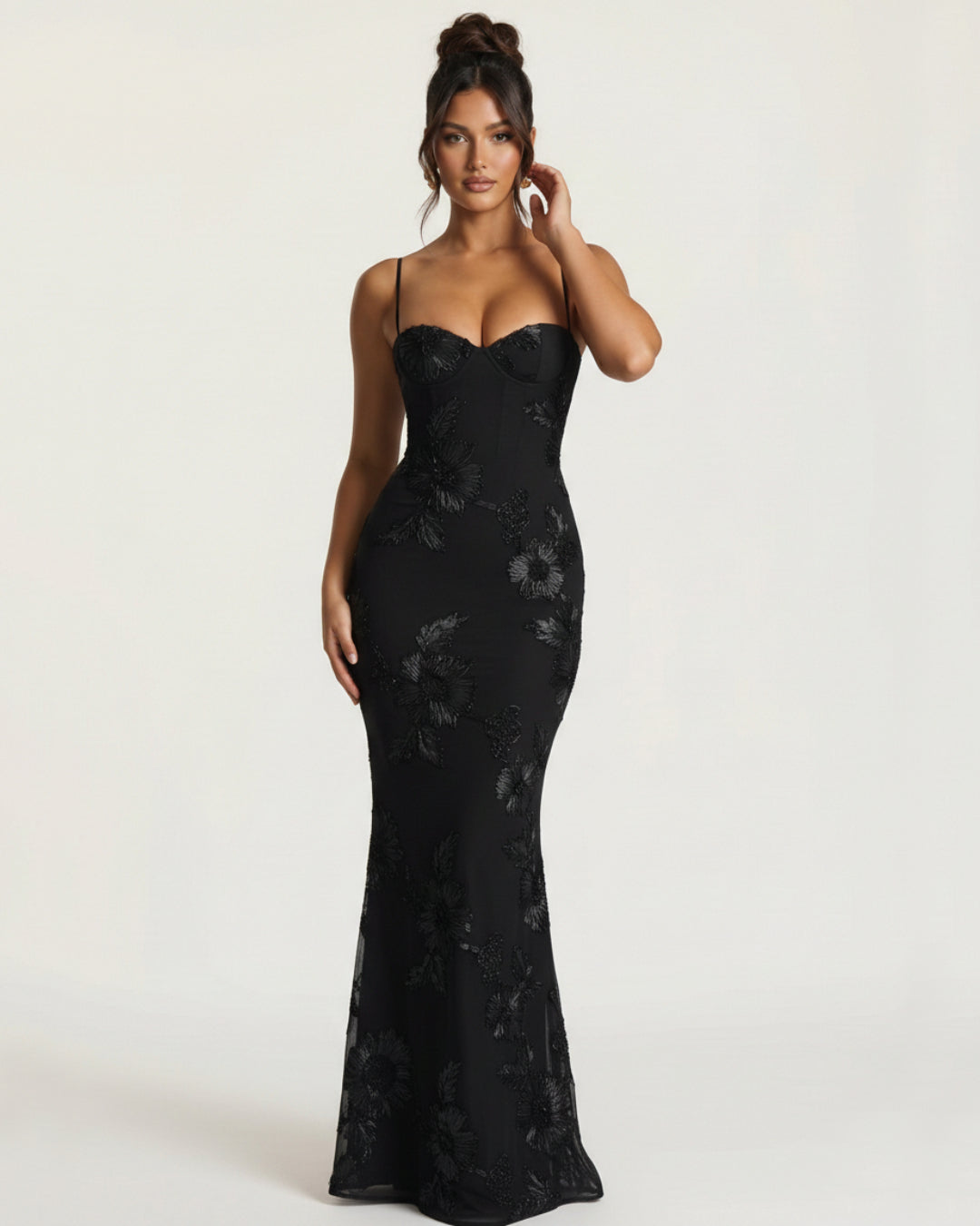 Nefertiti Maxi Dress in Black, 3D Floral Maxi Dress, black tie event dress code women, black dress maxi​