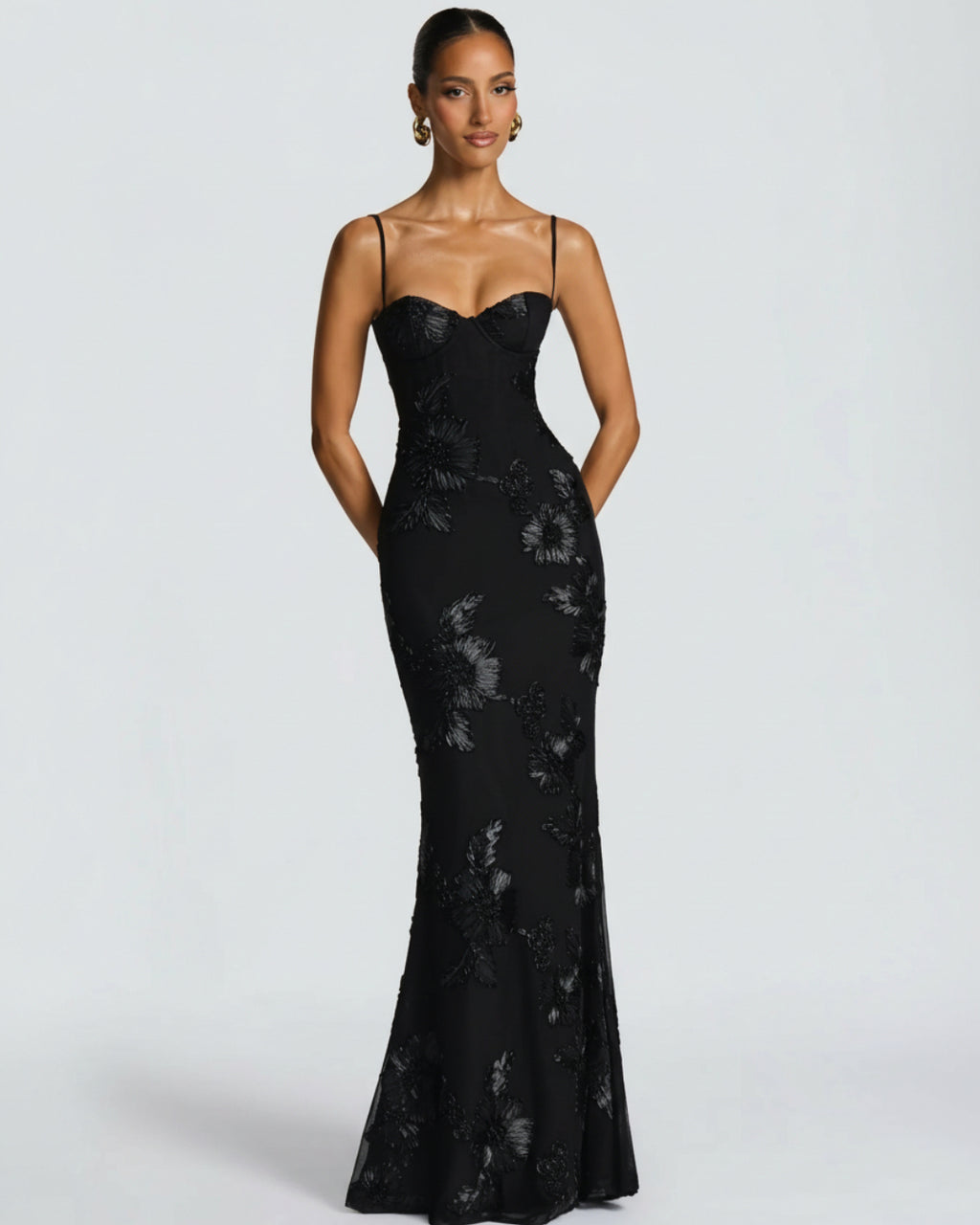 Nefertiti Maxi Dress in Black, 3D Floral Maxi Dress, black tie event dress code women, black dress maxi​