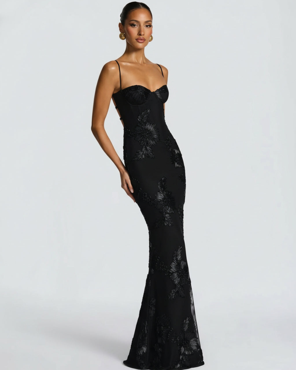Nefertiti Maxi Dress in Black, 3D Floral Maxi Dress, black tie event dress code women, black dress maxi​