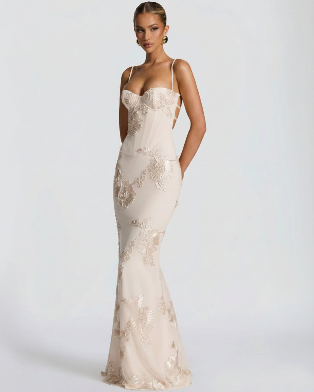 Nefertiti Maxi Dress in Ivory Blush, 3D Floral Maxi Dress, light pink maxi dress, wedding dress guest​