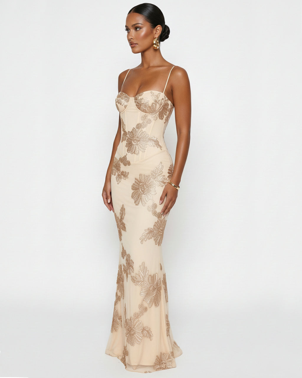 Nefertiti Maxi Dress in Ivory Blush, 3D Floral Maxi Dress, wedding dress guest woman, wedding guest dress canada​