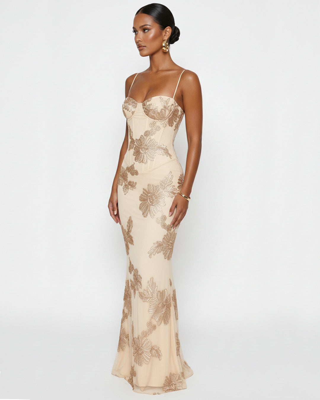 Nefertiti Maxi Dress in Ivory Blush, 3D Floral Maxi Dress, wedding dress guest woman, wedding guest dress canada​