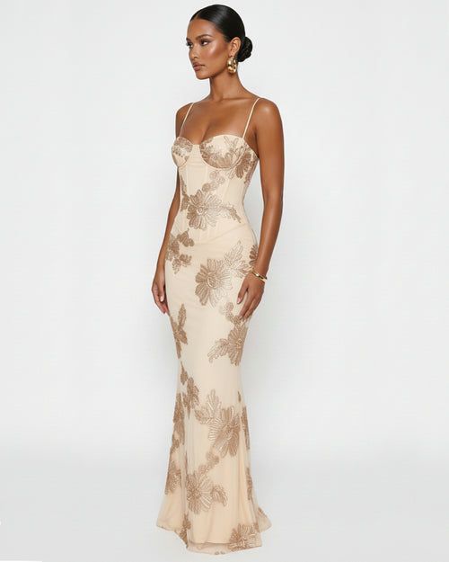 Nefertiti Maxi Dress in Ivory Blush, 3D Floral Maxi Dress, wedding dress guest woman, wedding guest dress canada​