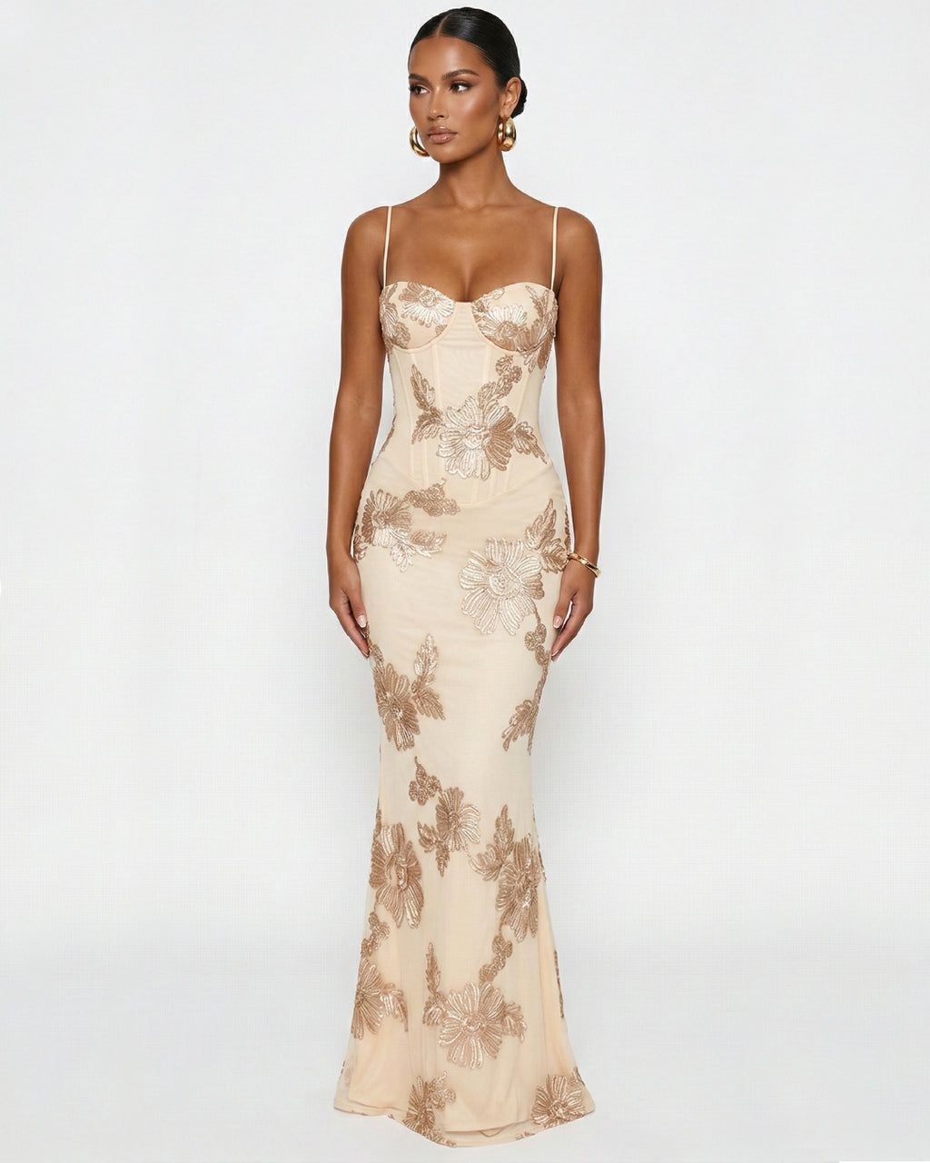 Nefertiti Maxi Dress in Ivory Blush, 3D Floral Maxi Dress, light pink maxi dress, wedding dress guest​