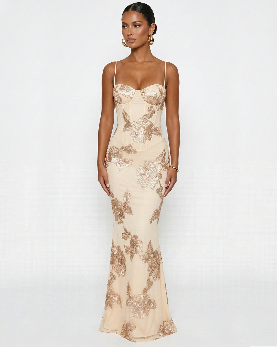 Nefertiti Maxi Dress in Ivory Blush, 3D Floral Maxi Dress, light pink maxi dress, wedding dress guest​