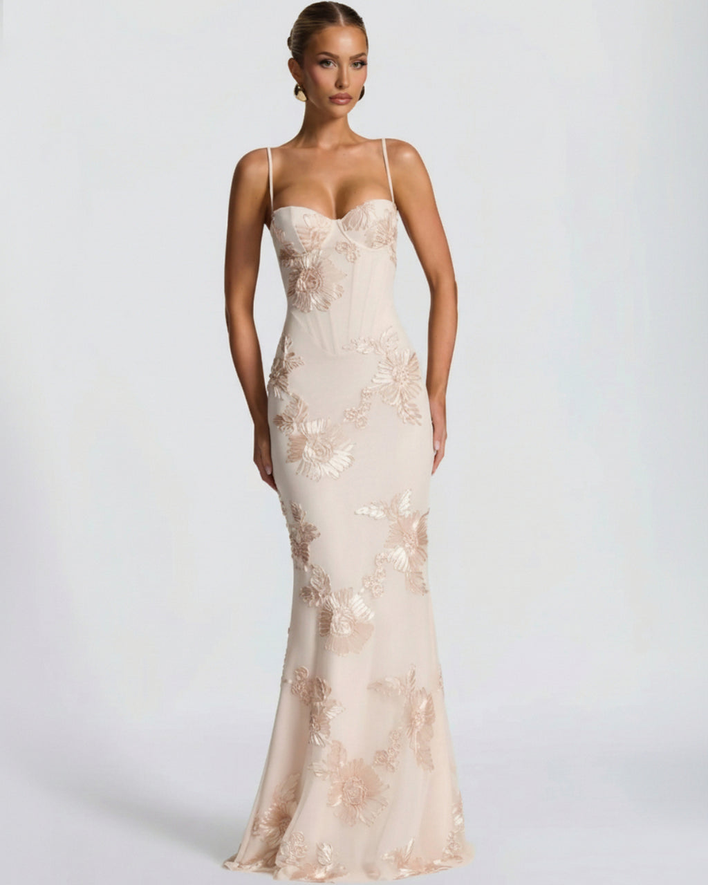 Nefertiti Maxi Dress in Ivory Blush, 3D Floral Maxi Dress, light pink maxi dress, wedding dress guest​