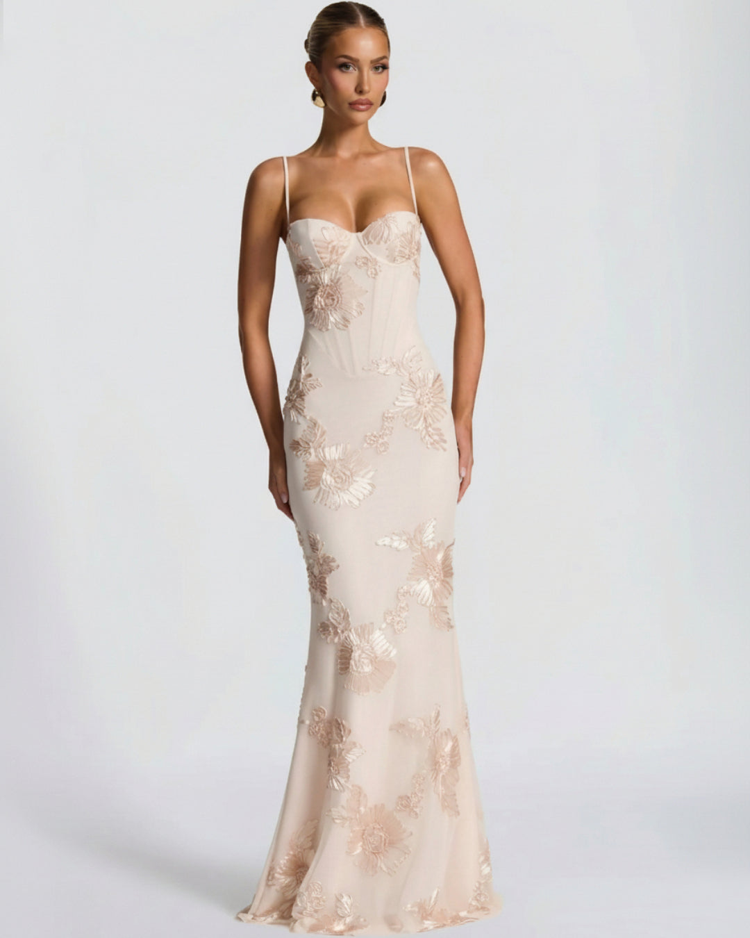 Nefertiti Maxi Dress in Ivory Blush, 3D Floral Maxi Dress, light pink maxi dress, wedding dress guest​