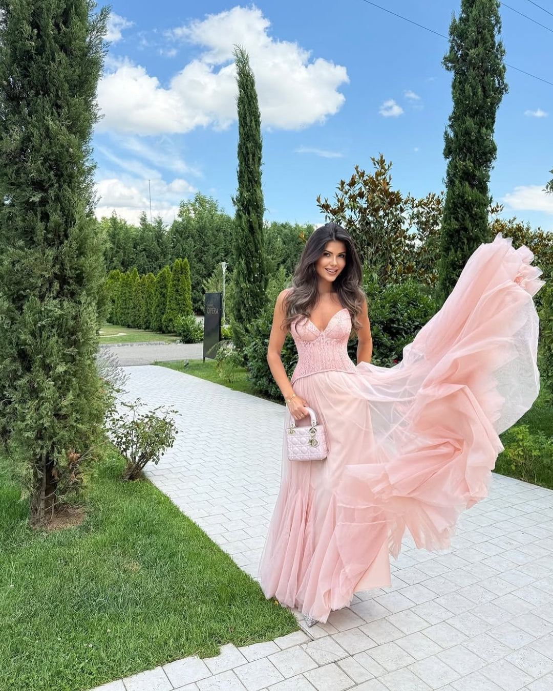 Oakley Lace Corset Tulle Maxi Dress in Blush, corset prom dress​, corset wedding dress​