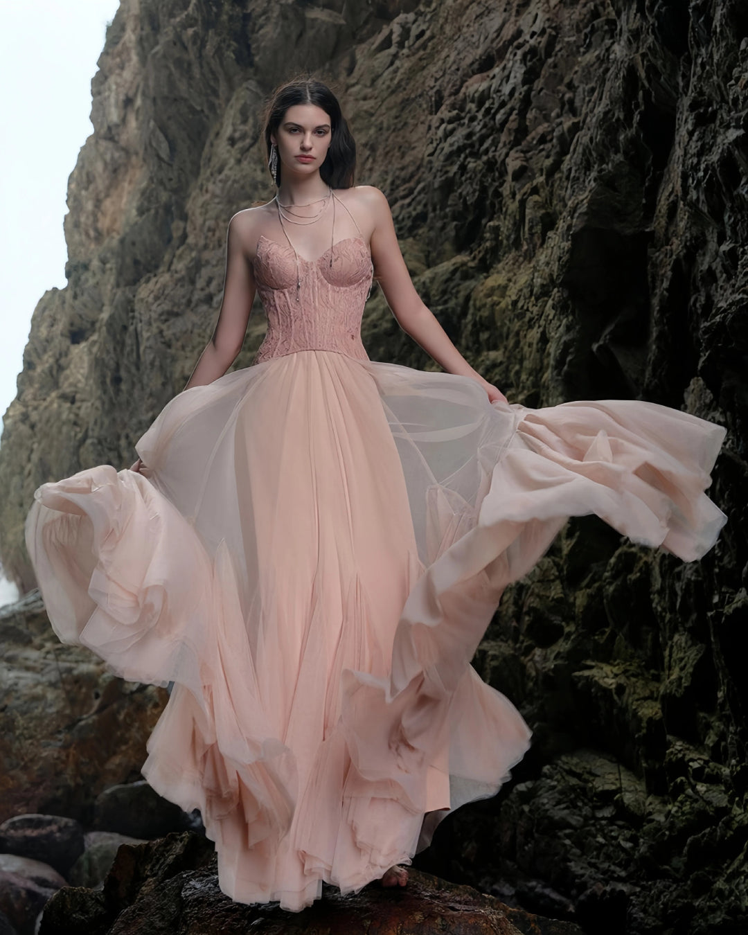 Oakley Lace Corset Tulle Maxi Dress in Blush, winter wedding guest dress, dress for wedding guest